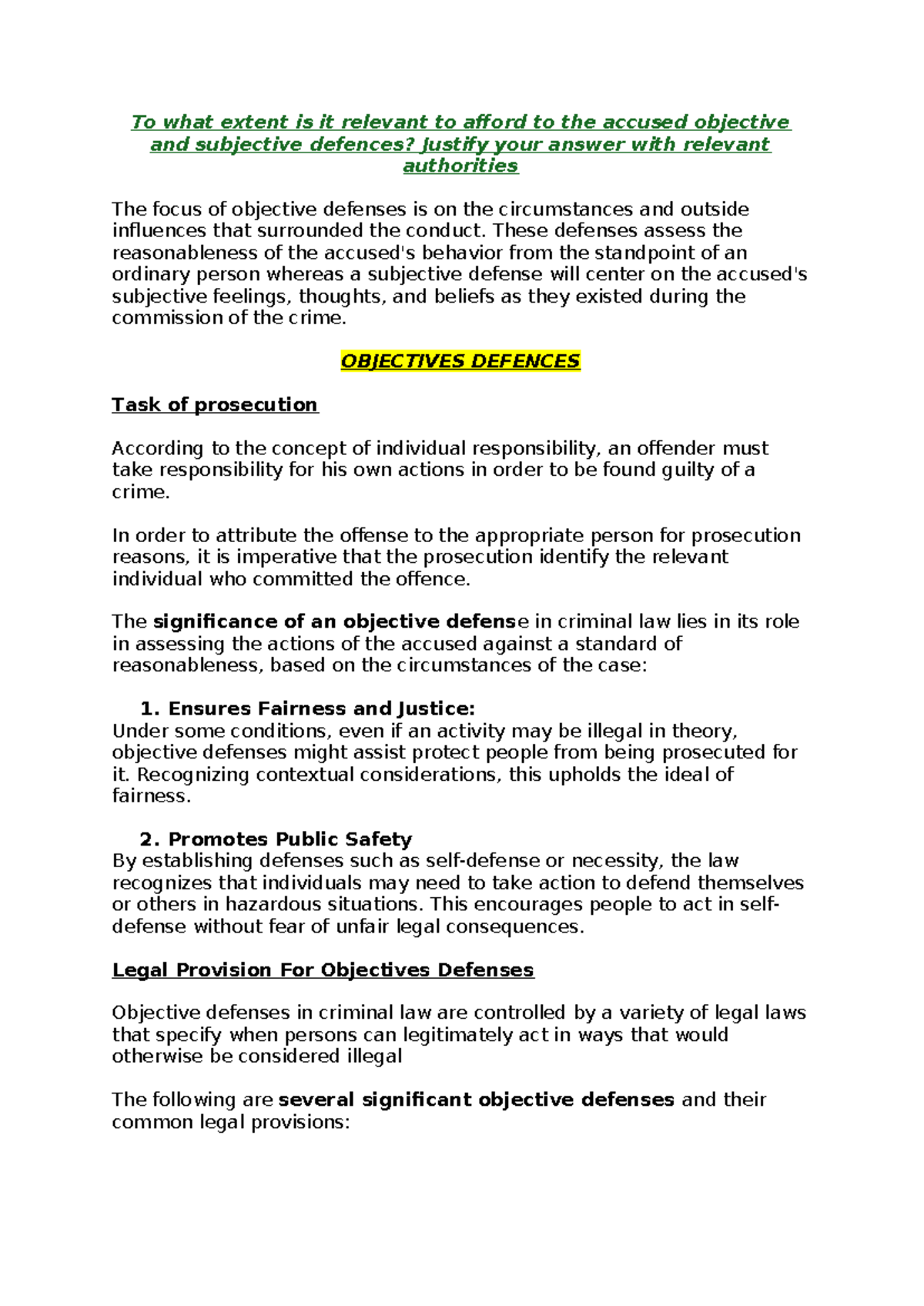 Criminal Law Assignment 1: Objective vs. Subjective Defenses Analysis ...