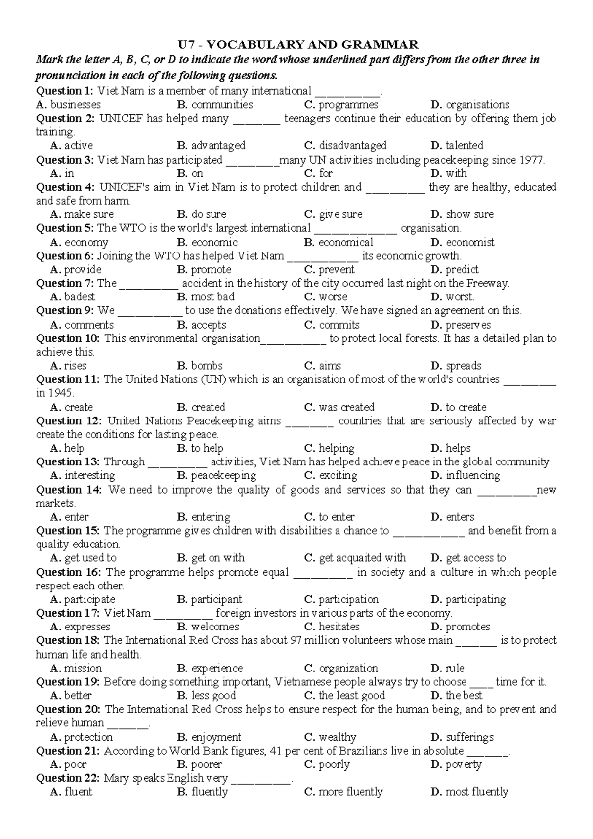 E10 U7 Vocabulary & Grammar Exercises for Final Exam Preparation - Studocu