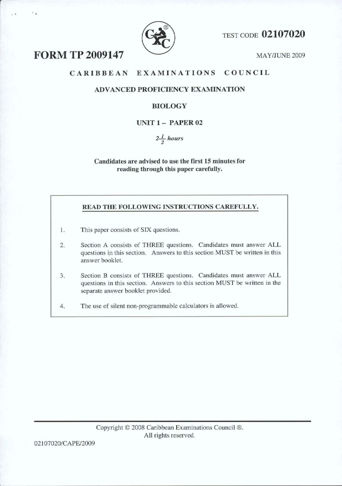 CAPE Biology 2012 U1 P2 - gbfgf - TEST CODE 02107020 FORM TP 2012144 ...