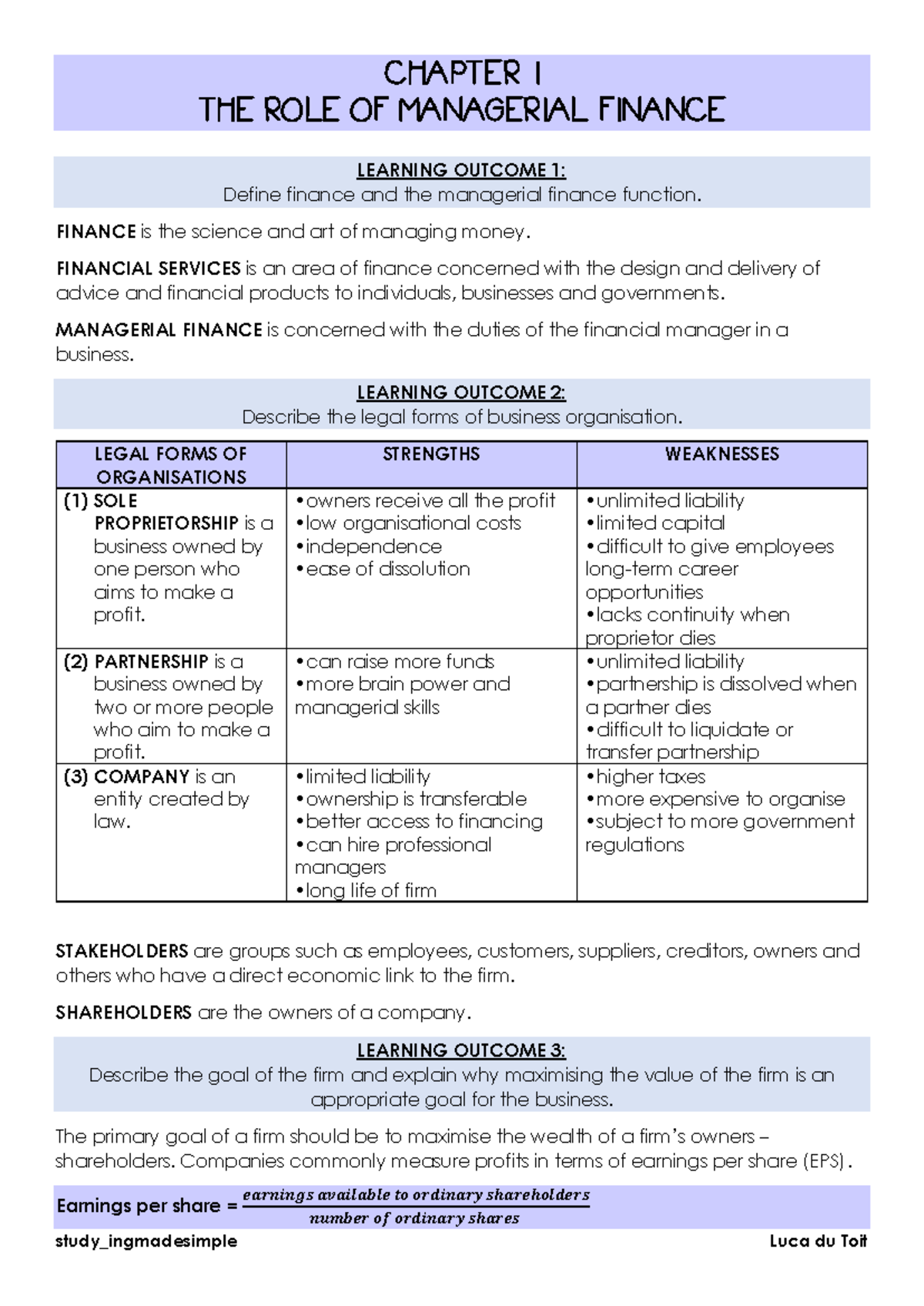 Chapter 1: The Role of Managerial Finance - Key Concepts & Learning ...