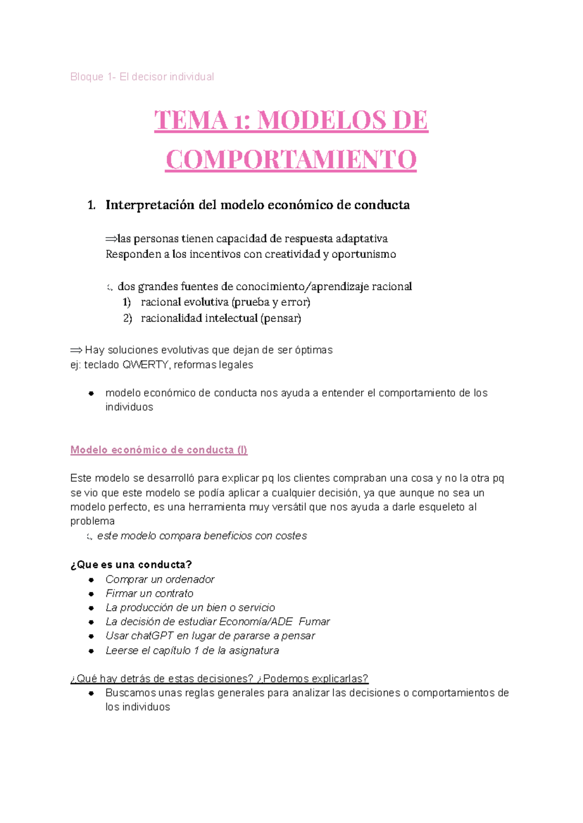 Bloque 1: El Decisor Individual - Modelos de Comportamiento - Studocu