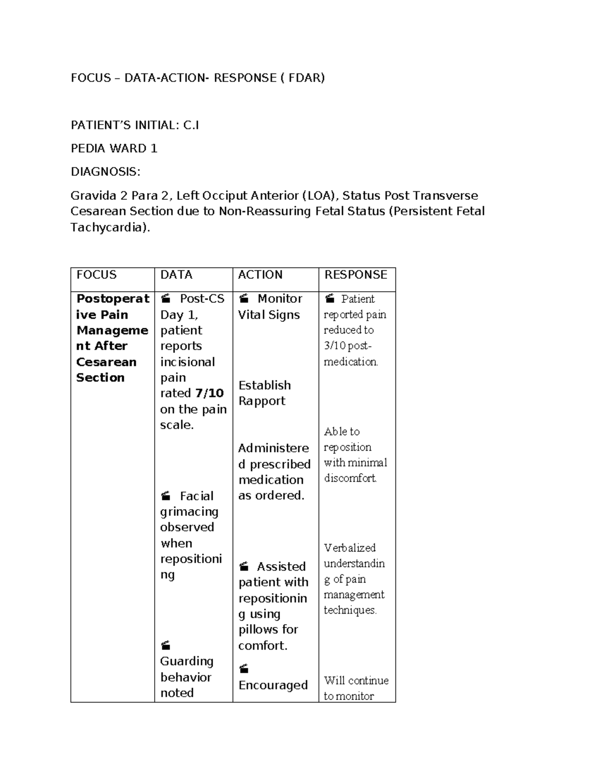 FOCUS RESPONSE (FDAR) Initial Assessment: Post-Cesarean Pain Management ...