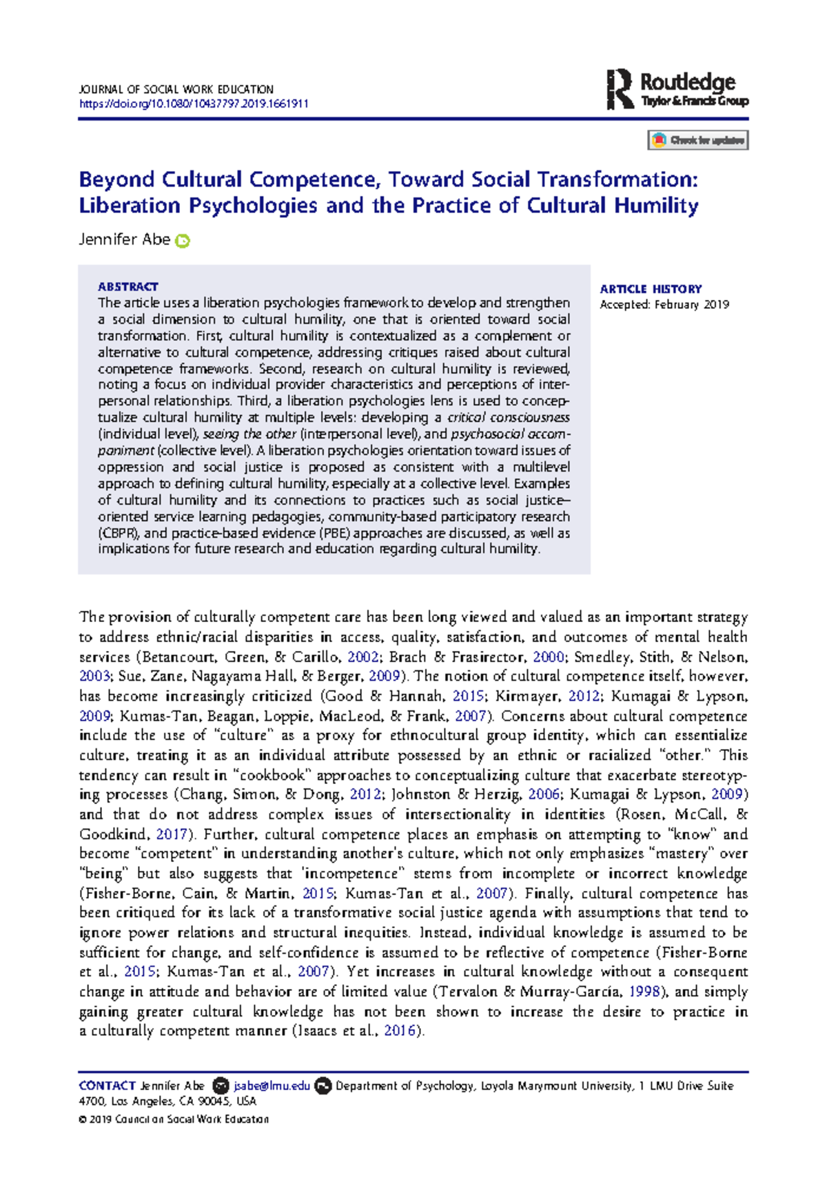 Cultural Humility and Social Transformation: A Liberation Psychologies ...