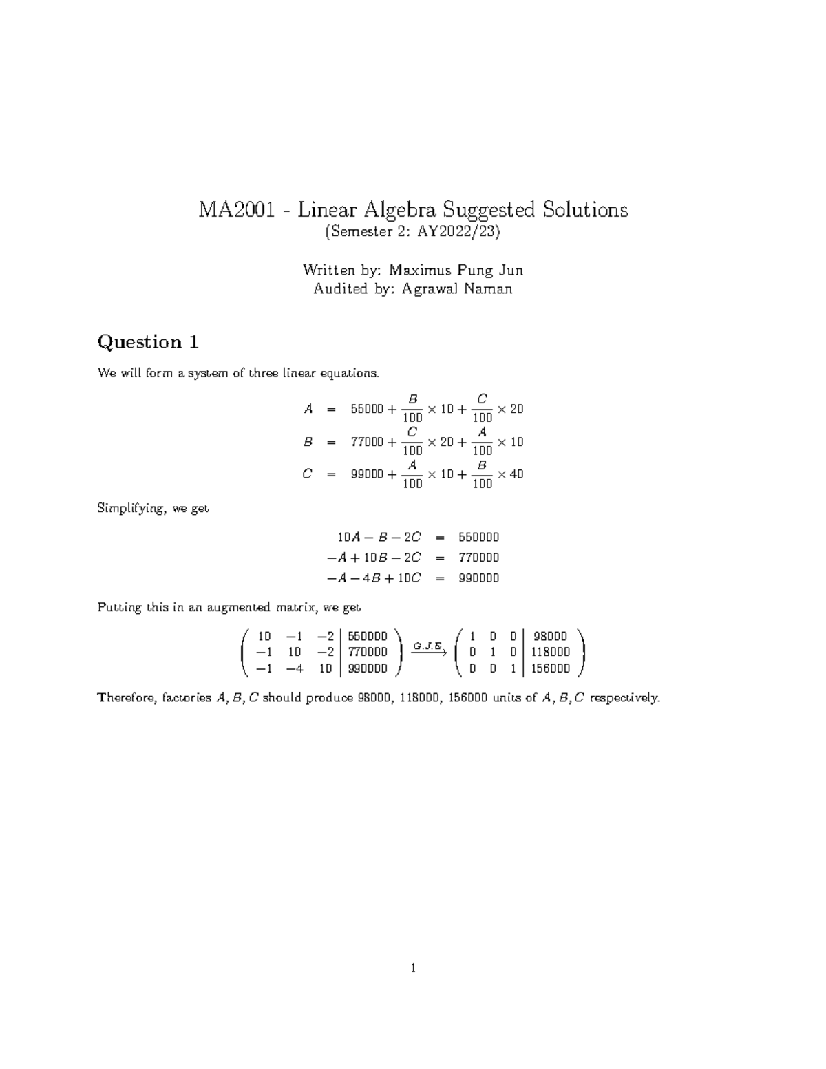 MA2001 Linear Algebra Suggested Solutions for Semester 2 Exam - Studocu