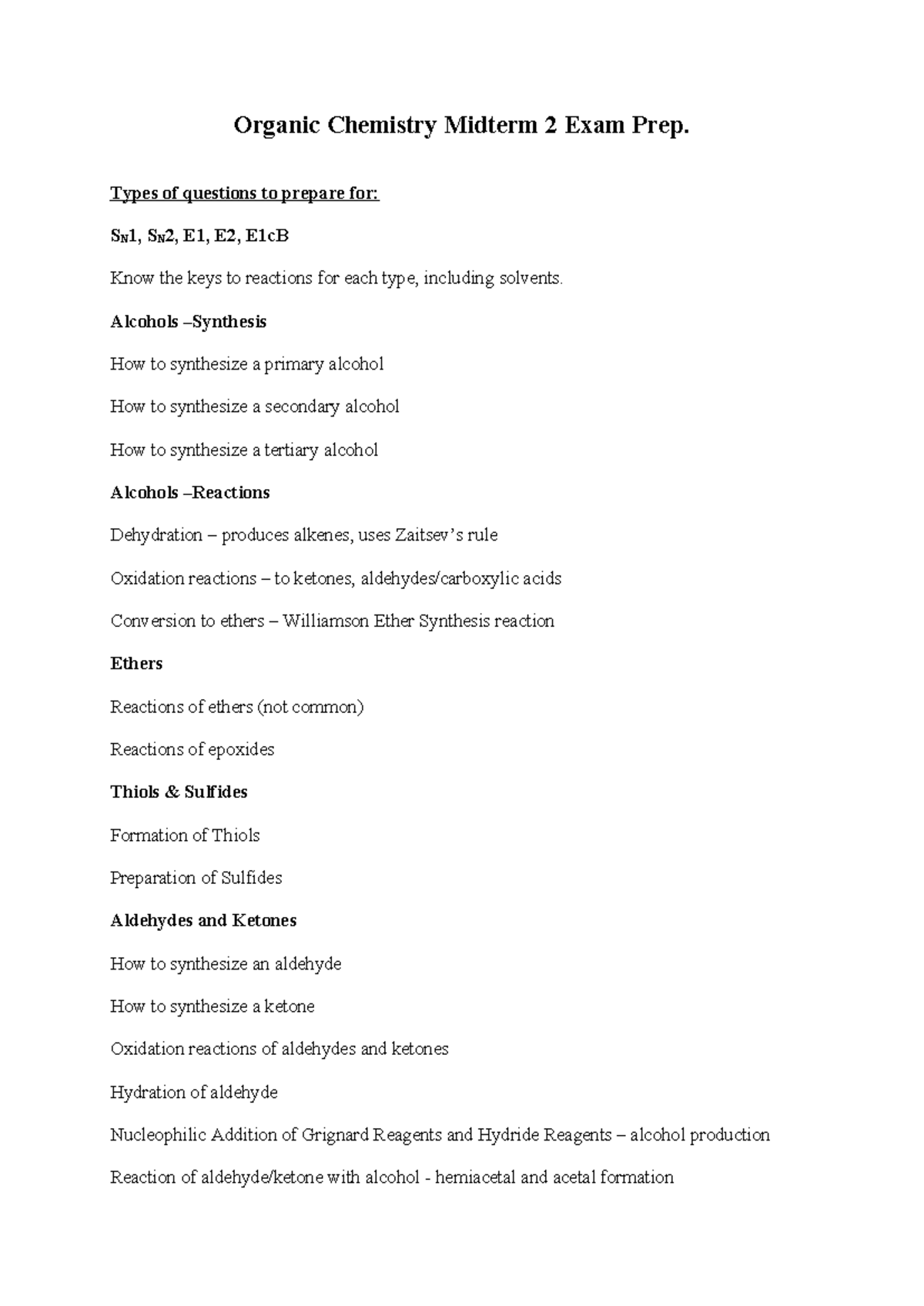 CHEM205 Organic Chemistry Midterm 2 Exam Prep Summary - Studocu