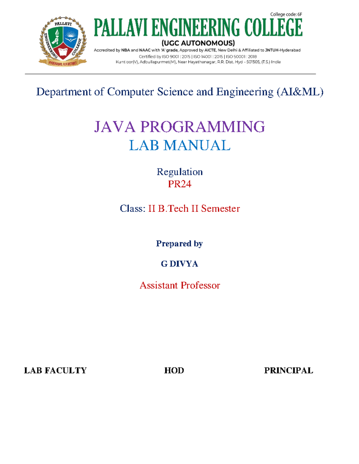 Java Programming Lab Manual - CSM PAM407PC for B.Tech II Year II Sem ...
