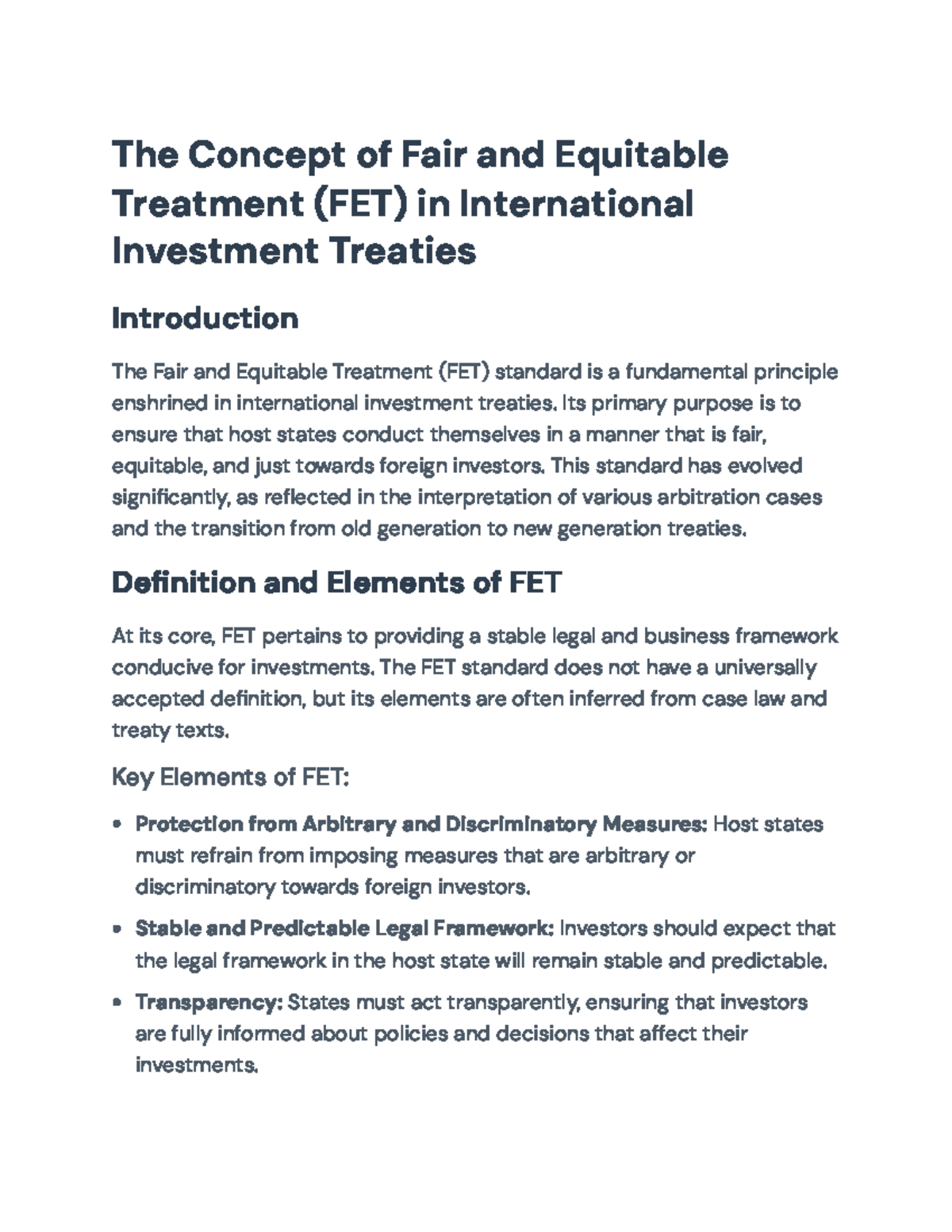 Fair and Equitable Treatment (FET) in International Investment Law ...