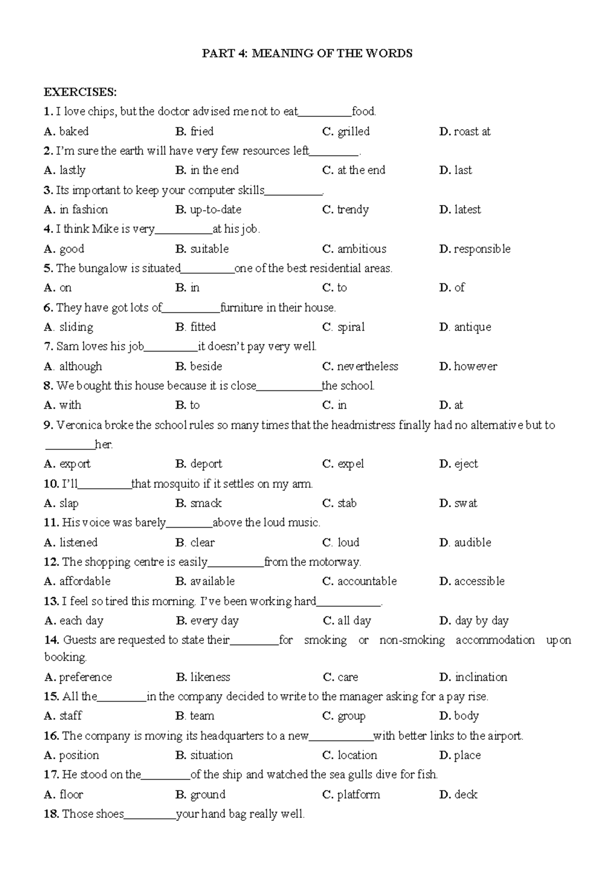 PART 4: MEANING OF THE WORDS EXERCISES (524558762) - Studocu