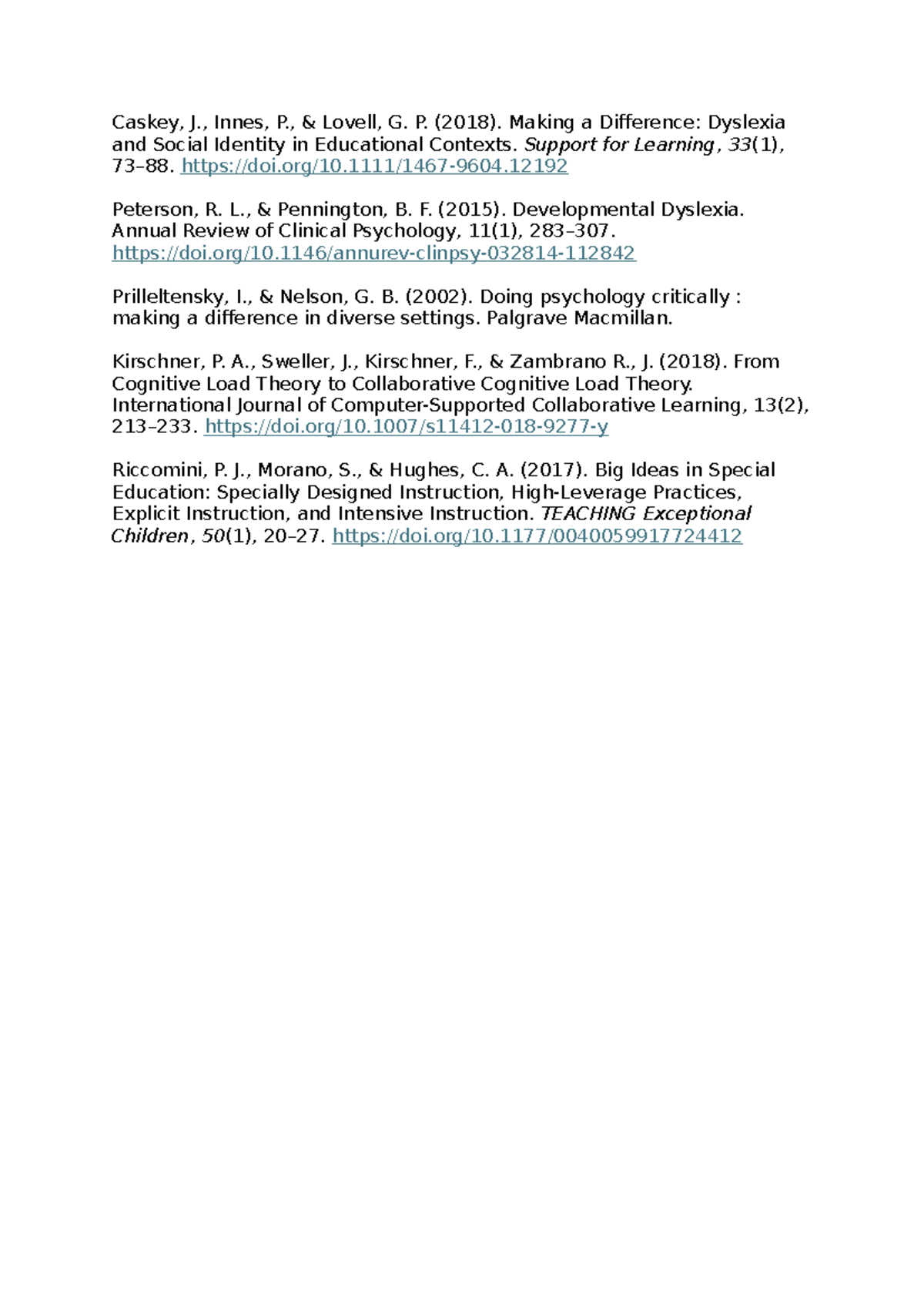 Reference List for Dyslexia and Educational Psychology Studies - Studocu