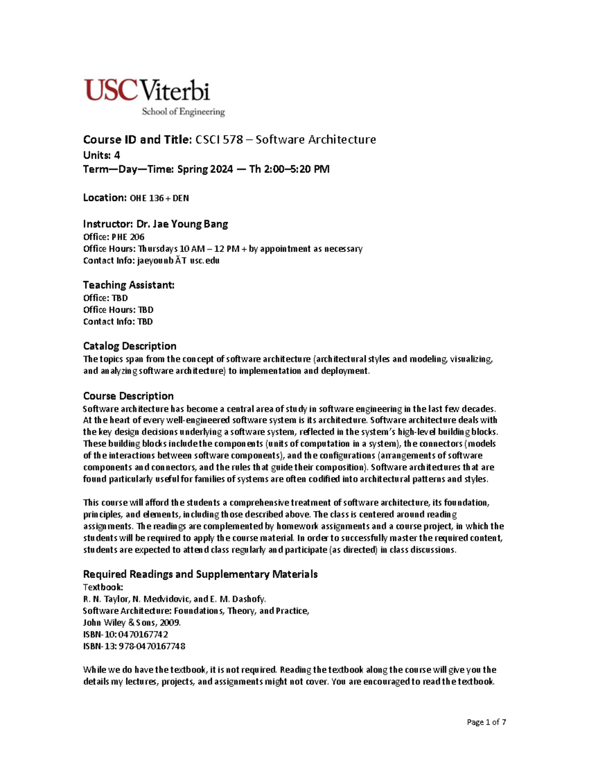 CSCI 578 Software Architecture Course Overview and Schedule Spring 2024 ...