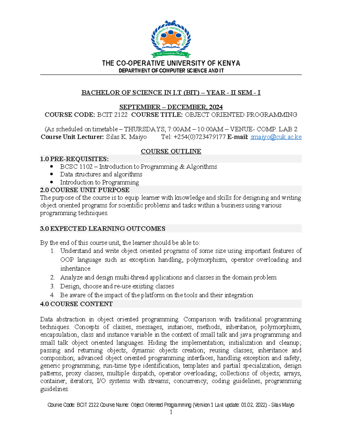 BCIT 2122 - OOP - Detailed Course Outline, SEPT - DEC. 2024 ...