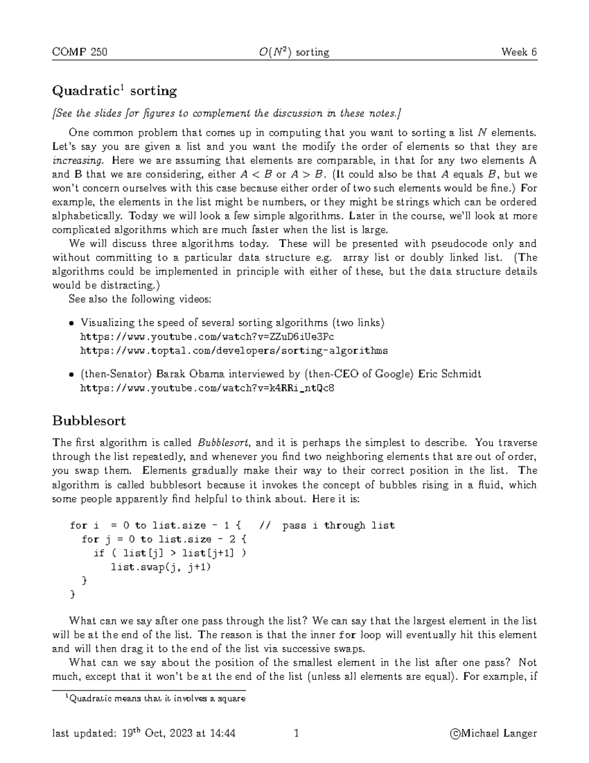 COMP 250 Lecture Notes: Week 6 - Quadratic Sorting Algorithms - Studocu