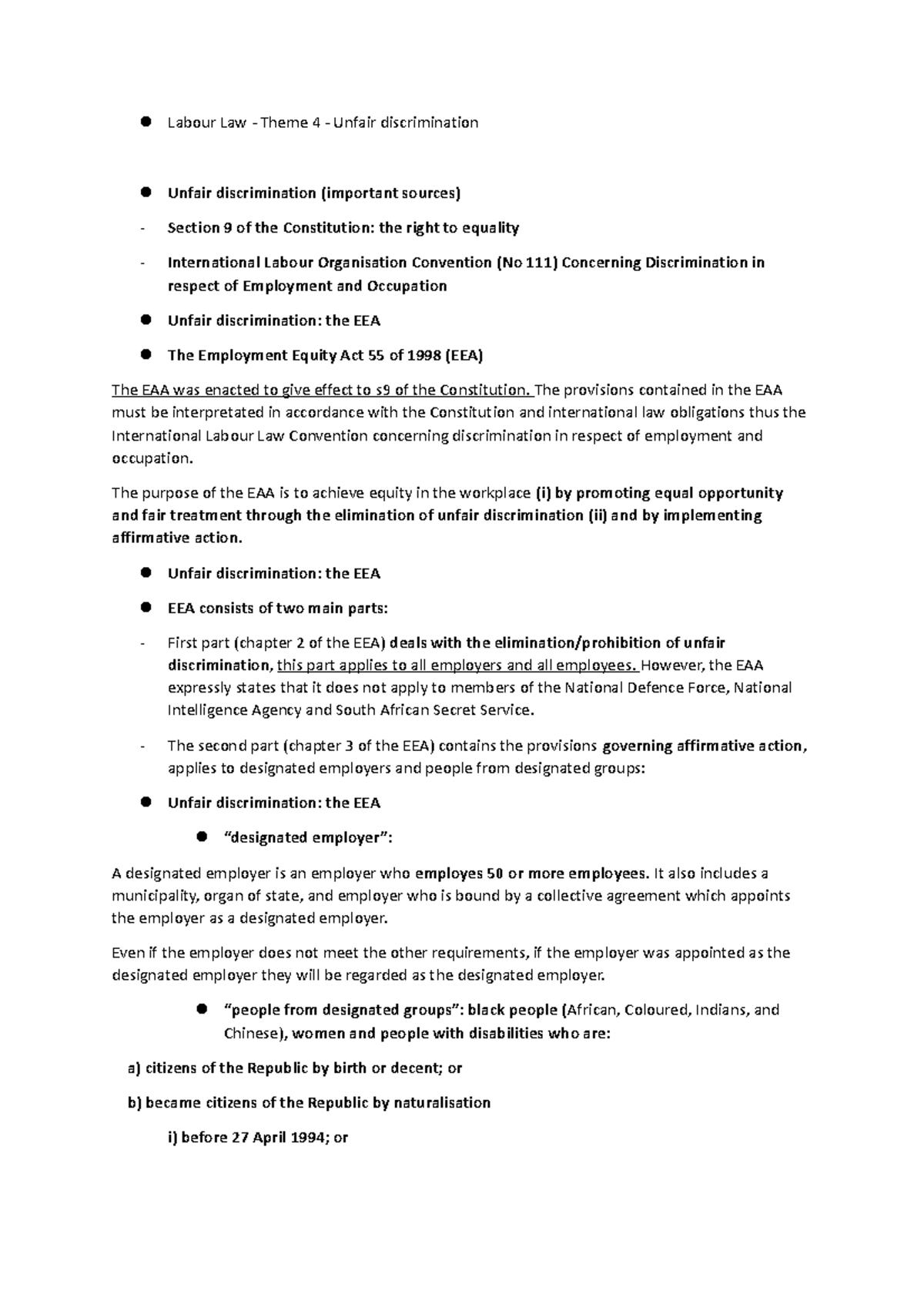 Labour Law - Theme 4: Unfair Discrimination and the EEA Notes - Studocu