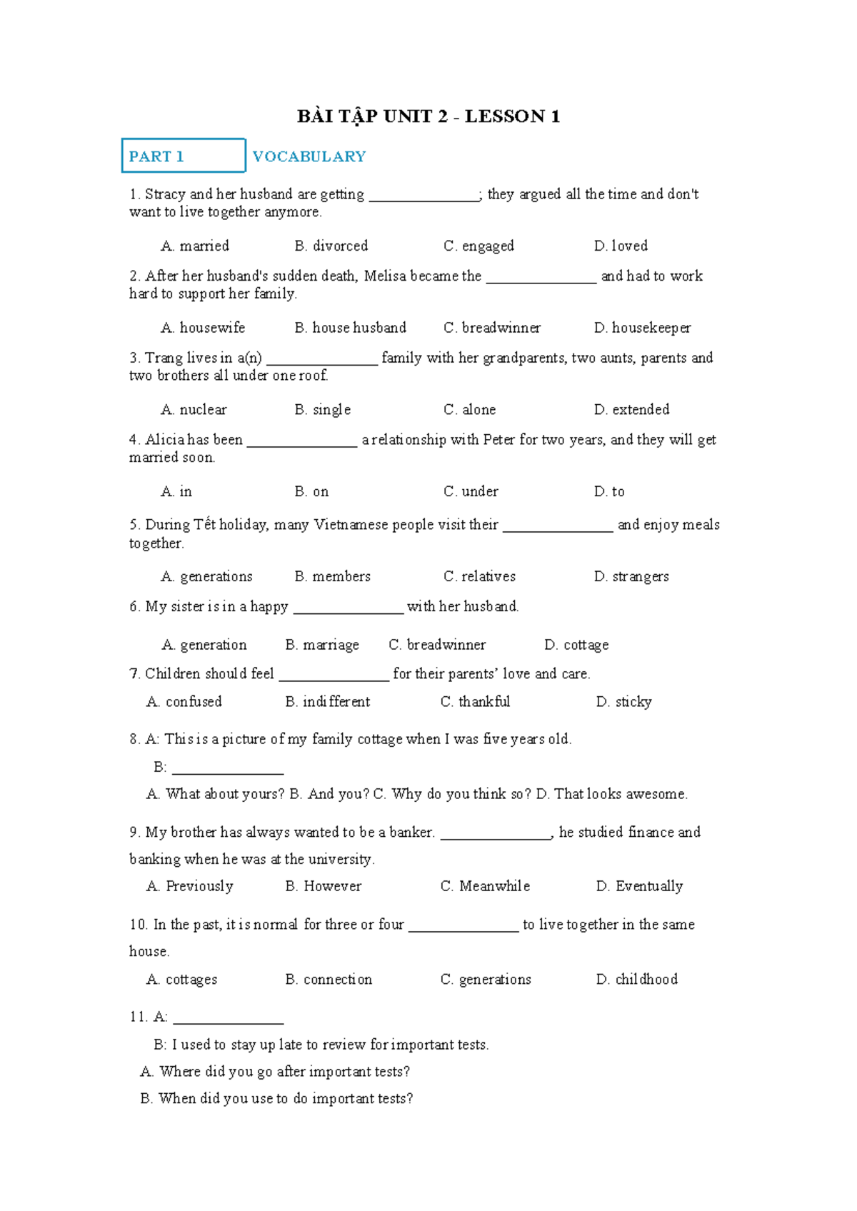 BÀI TẬP UNIT 2 - LESSON 1 VOCABULARY EXERCISES - Studocu