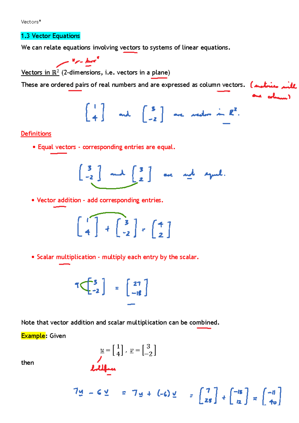 Vector Equations - Week 2 Notes for Linear Algebra (MATH 101) - Studocu