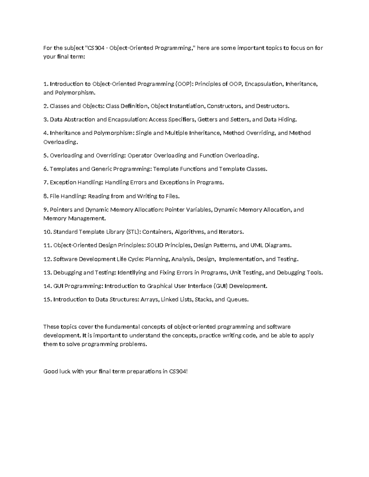 CS304 Final Term Important Topics for Object-Oriented Programming - Studocu