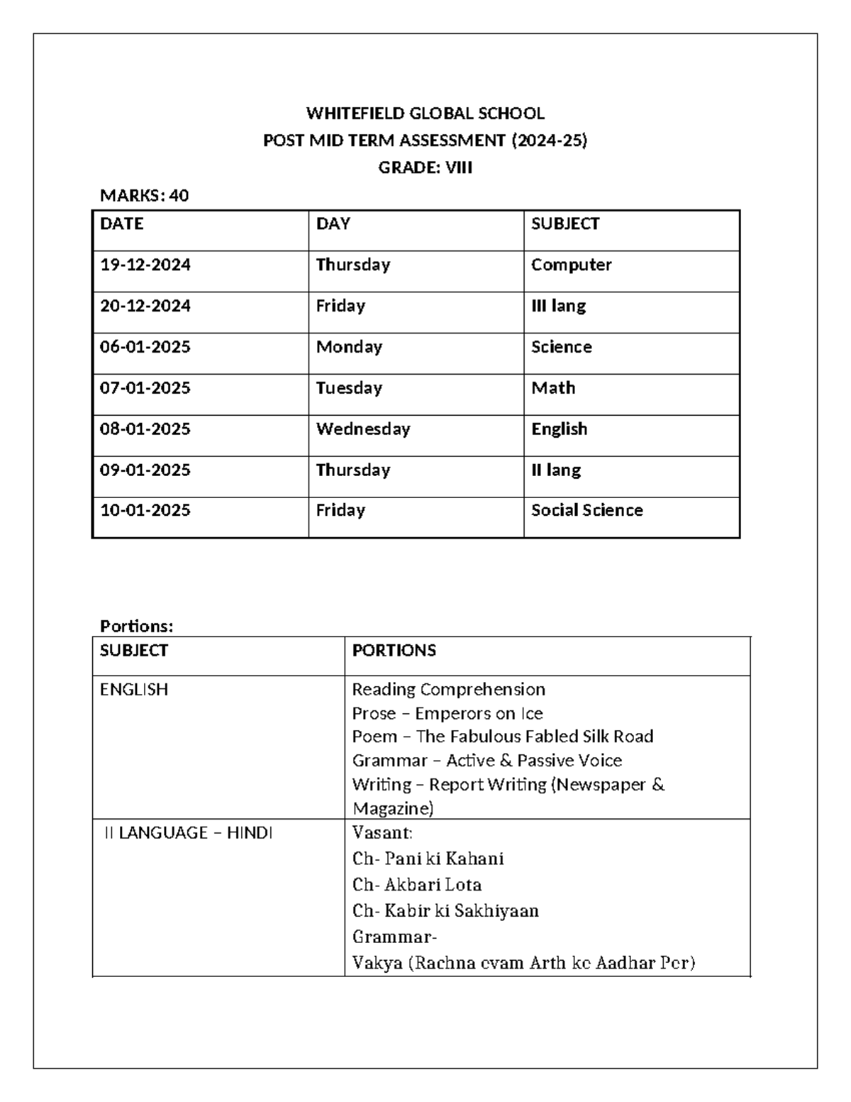 Grade 8 Post Mid Term Assessment Portions 2024-25 - Studocu