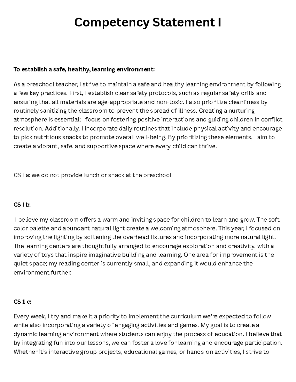 Teacher Competency Statement I: Creating Safe and Engaging Learning ...