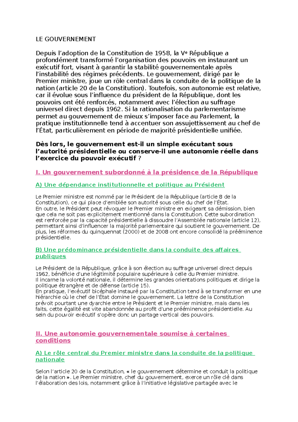 LE GOUVERNEMENT SOUS LA Vᵉ RÉPUBLIQUE: ÉQUILIBRE DES POUVOIRS - Studocu