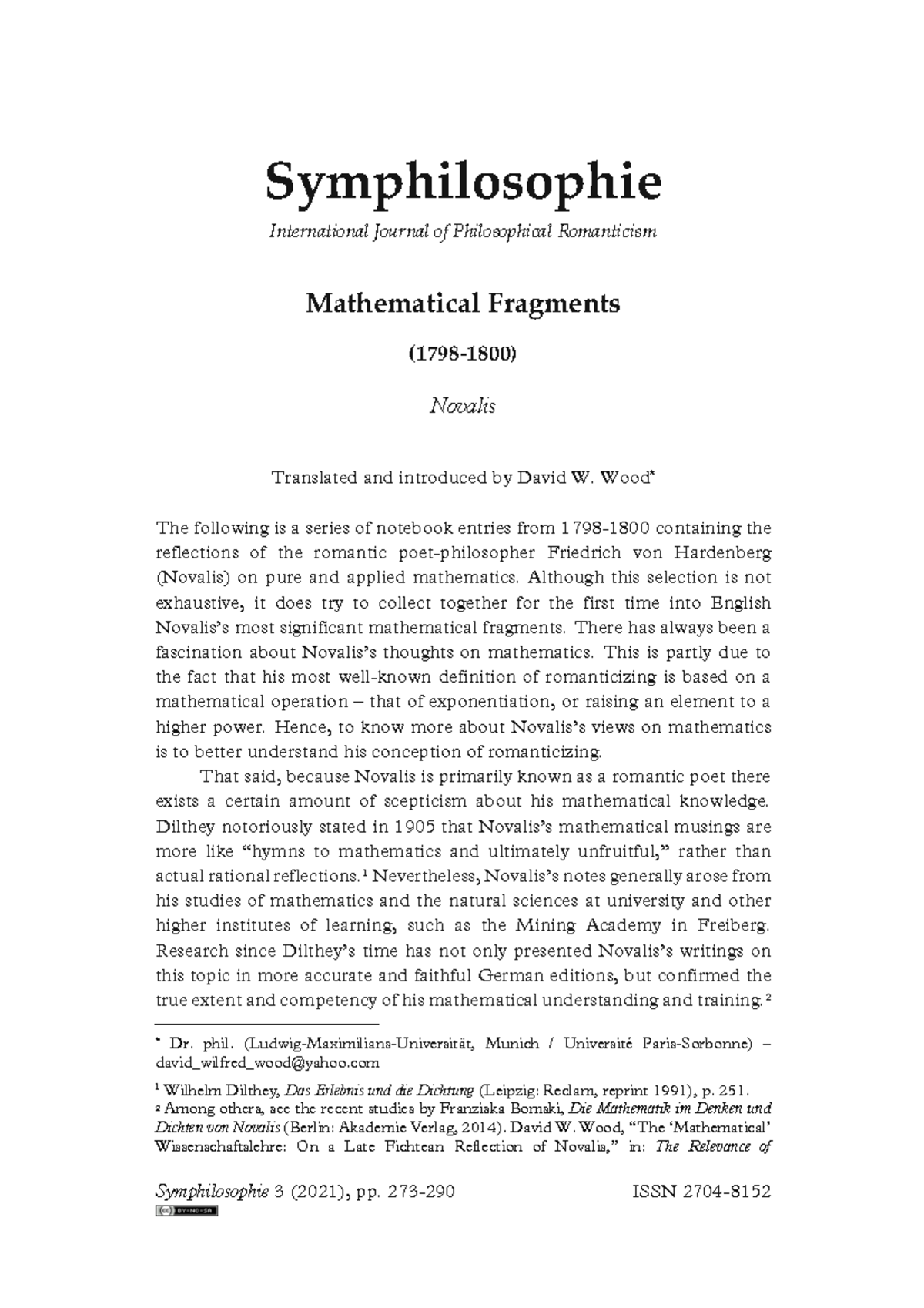 Novalis Mathematical Fragments 1798 1800 - Symphilosophie 3 (2021), pp ...