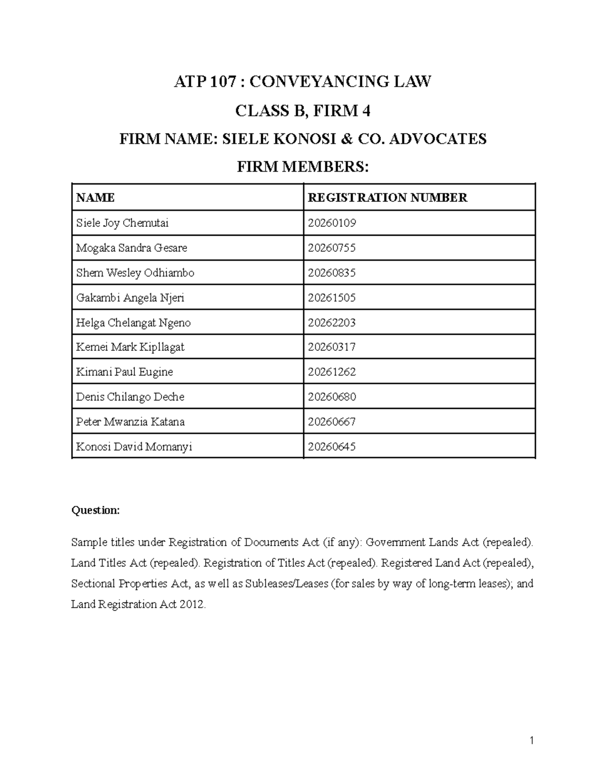 ATP 107: Conveyancing Law Class B - Sample Titles Overview - Studocu