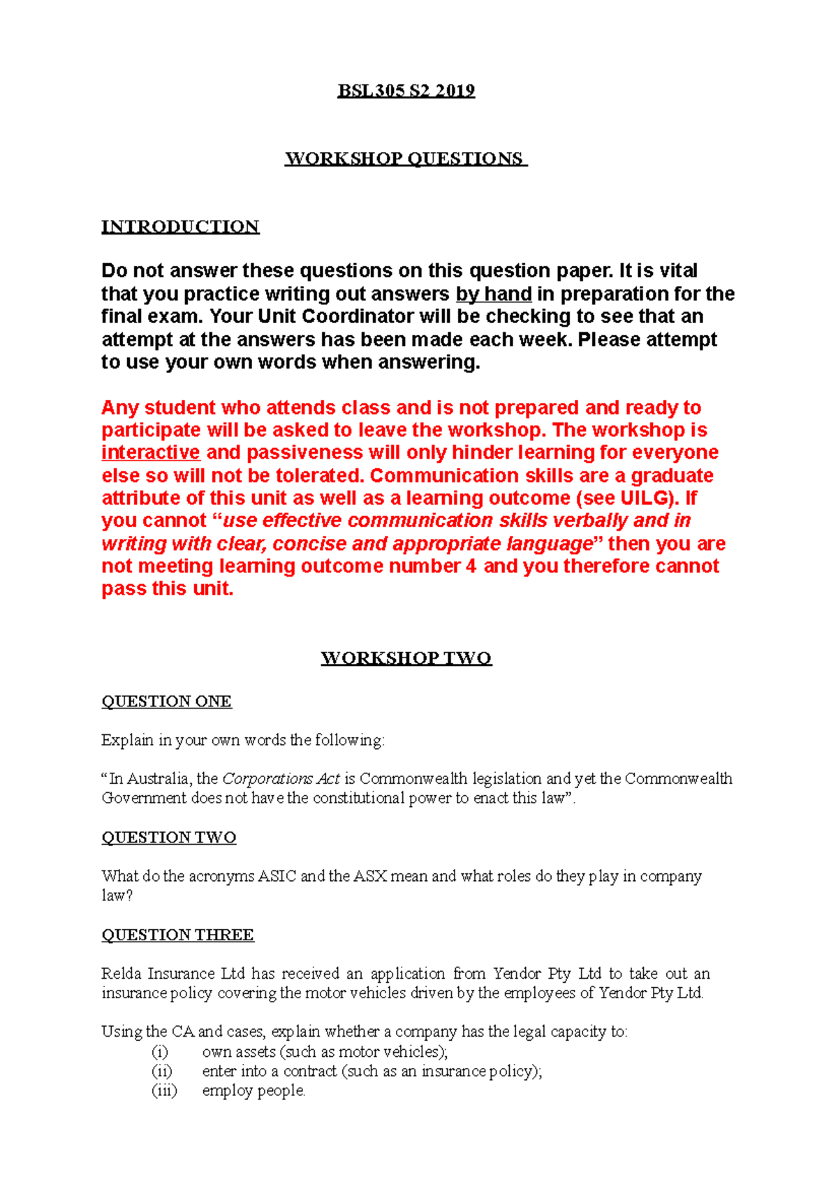 BSL305 S2 2019 Workshop Exam Questions and Preparation Guide - Studocu