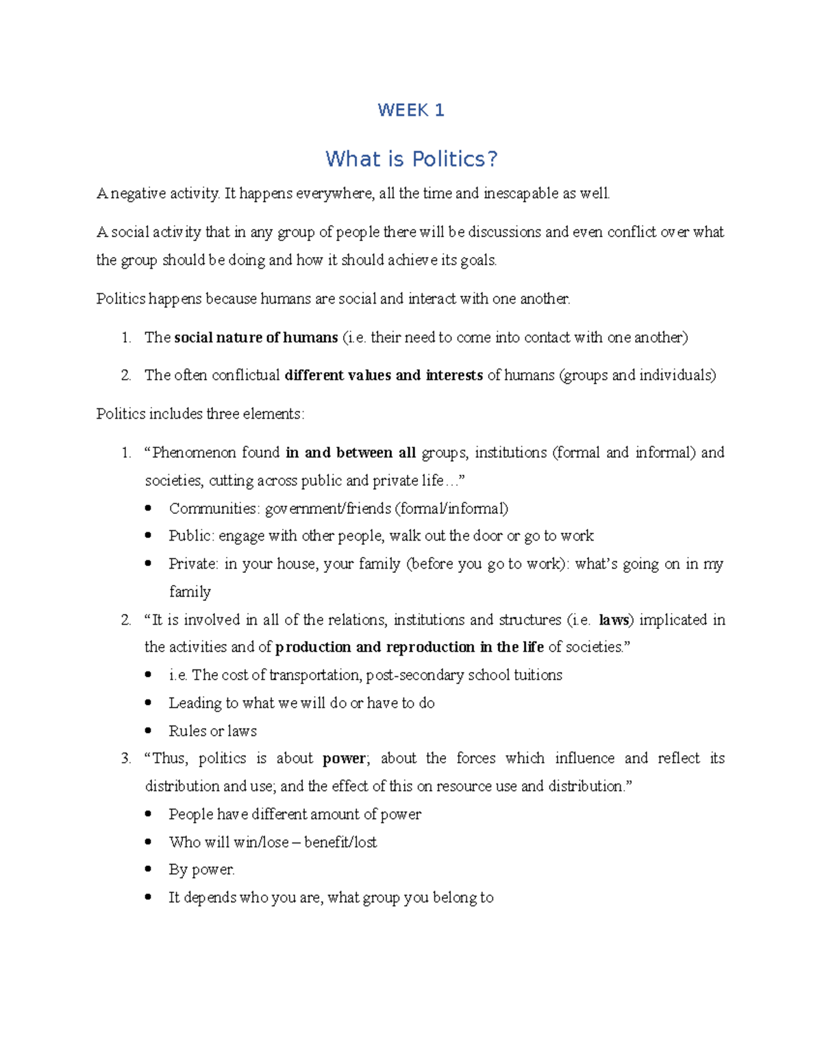 Political Science 101: Summary of Lecture Notes 1 on Politics & Power ...