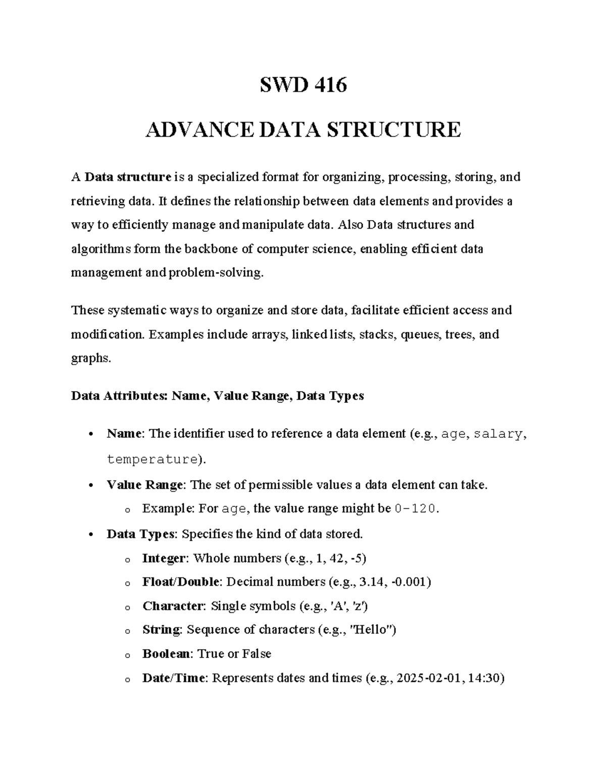SWD 416 - Advanced Data Structures Overview and Techniques - Studocu