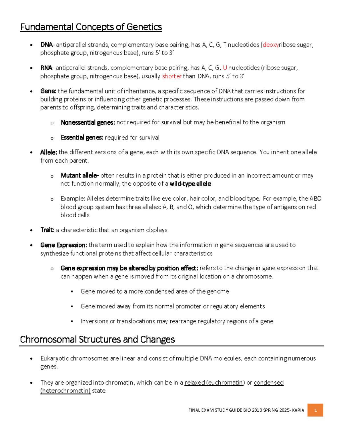 FINAL EXAM STUDY GUIDE BIO 2313 SPRING 2025 - GENETICS CONCEPTS - Studocu