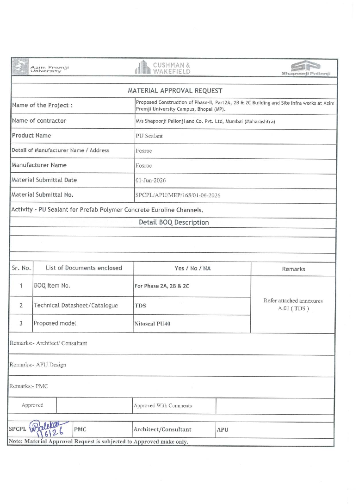 Material Approval Request for PU Sealant (Fosroc) - MAR 168 - Studocu