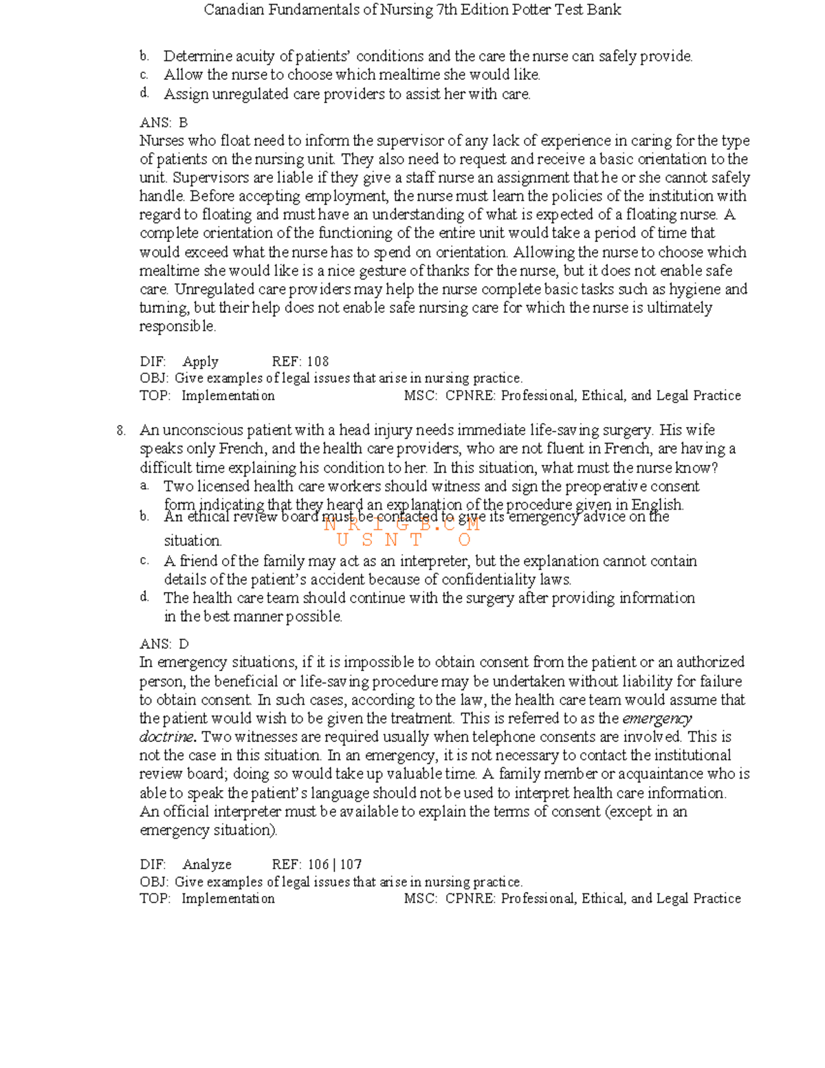 Canadian Fundamentals of Nursing 7th Ed. Potter Test Bank Insights ...