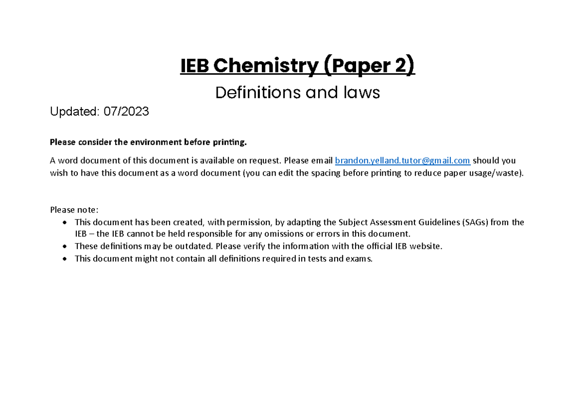 IEB Chemistry (Paper 2) - Key Definitions and Laws Overview - Studocu
