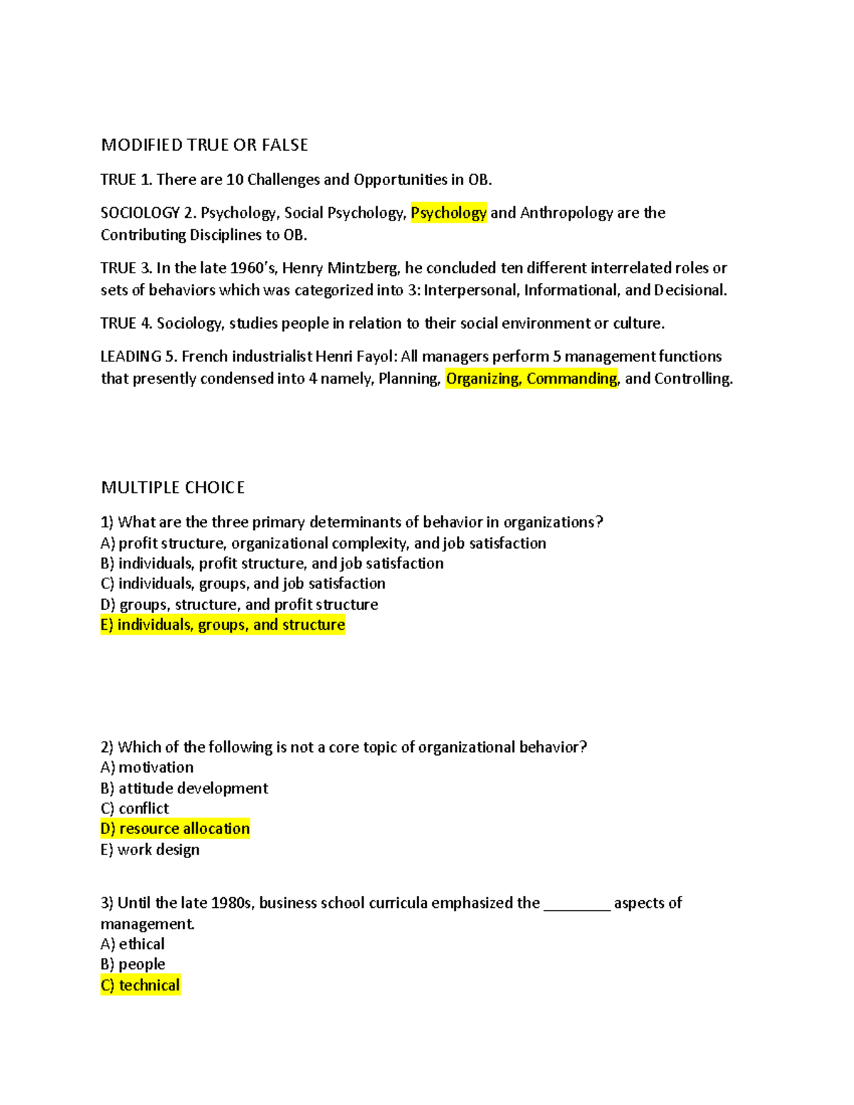 Human Behavior in Organizations: Quiz & Practice Questions - Studocu