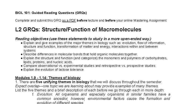 BIOL 101: Lesson 2 GRQs on Structure & Function of Macromolecules - Studocu