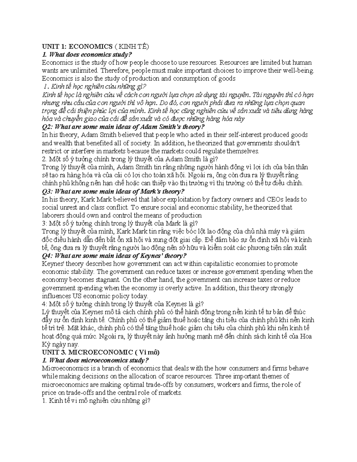 UNIT 1: ECONOMICS (KINH TẾ) - Key Concepts and Theories Overview - Studocu