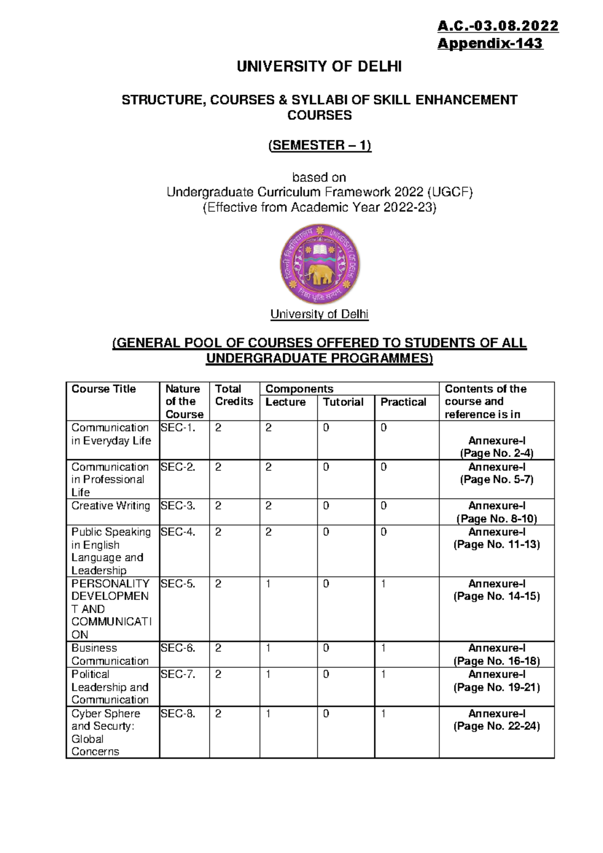 UNIVERSITY OF DELHI SEM 1 SKILL ENHANCEMENT COURSES SYLLABI (UGCF ...