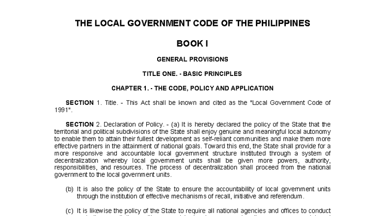 Local Government Code of 1991: General Provisions & Principles - Studocu
