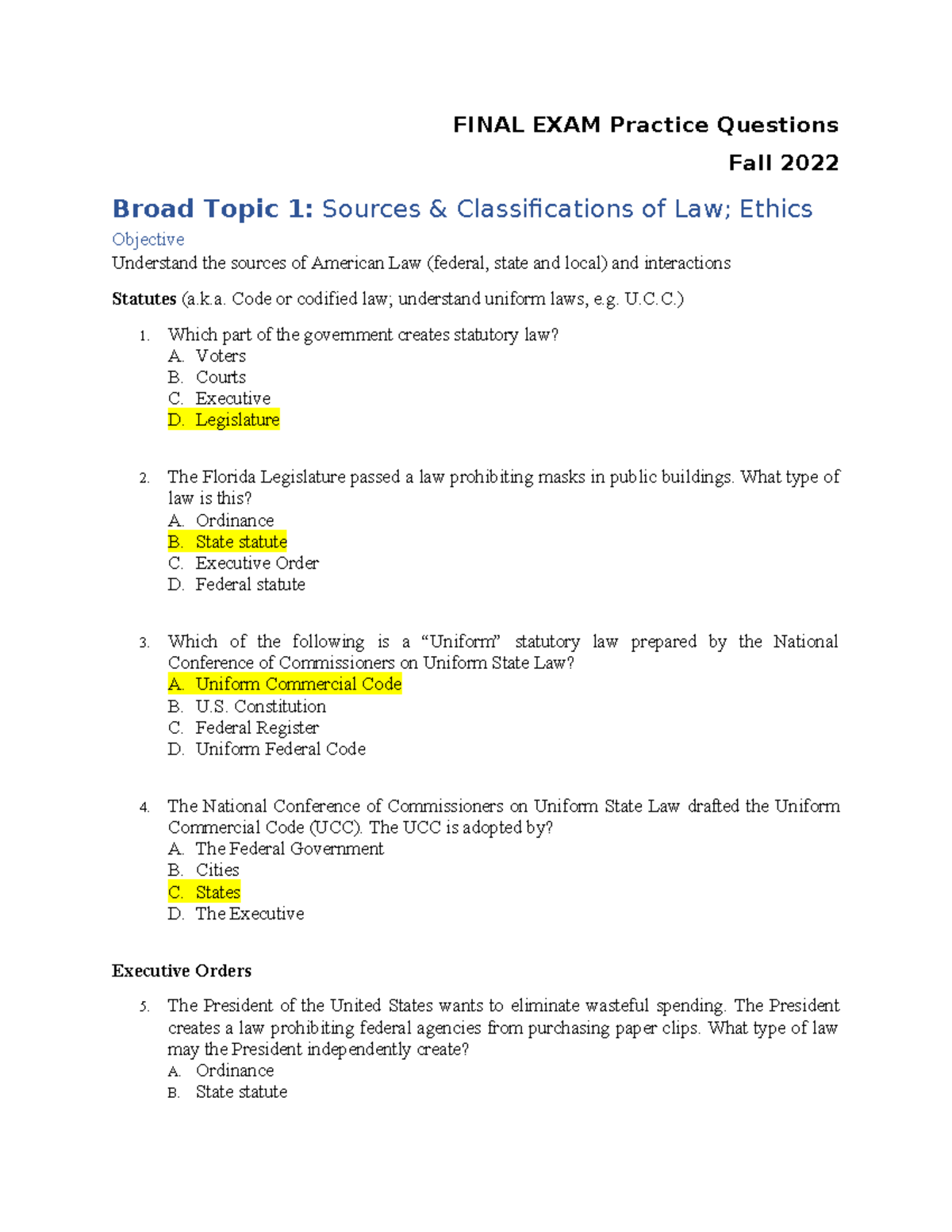 Final Exam Practice Questions for Law (Course Code: LAW101) - Studocu