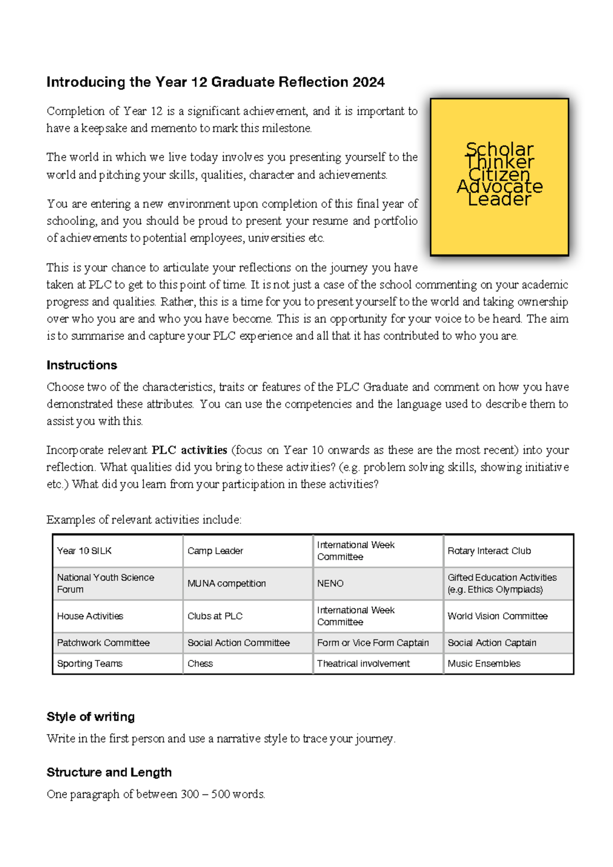 2024 Year 12 Graduate Reflection Guidelines and Instructions - Studocu