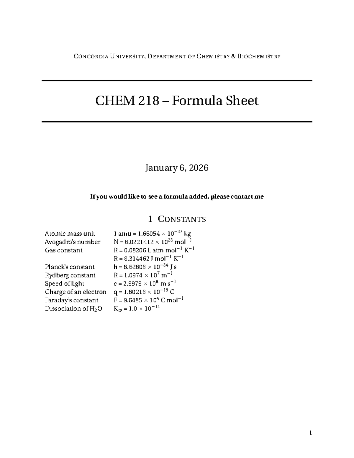 Chem 218 Biochemistry Formula Sheet - January 2026 - Studocu