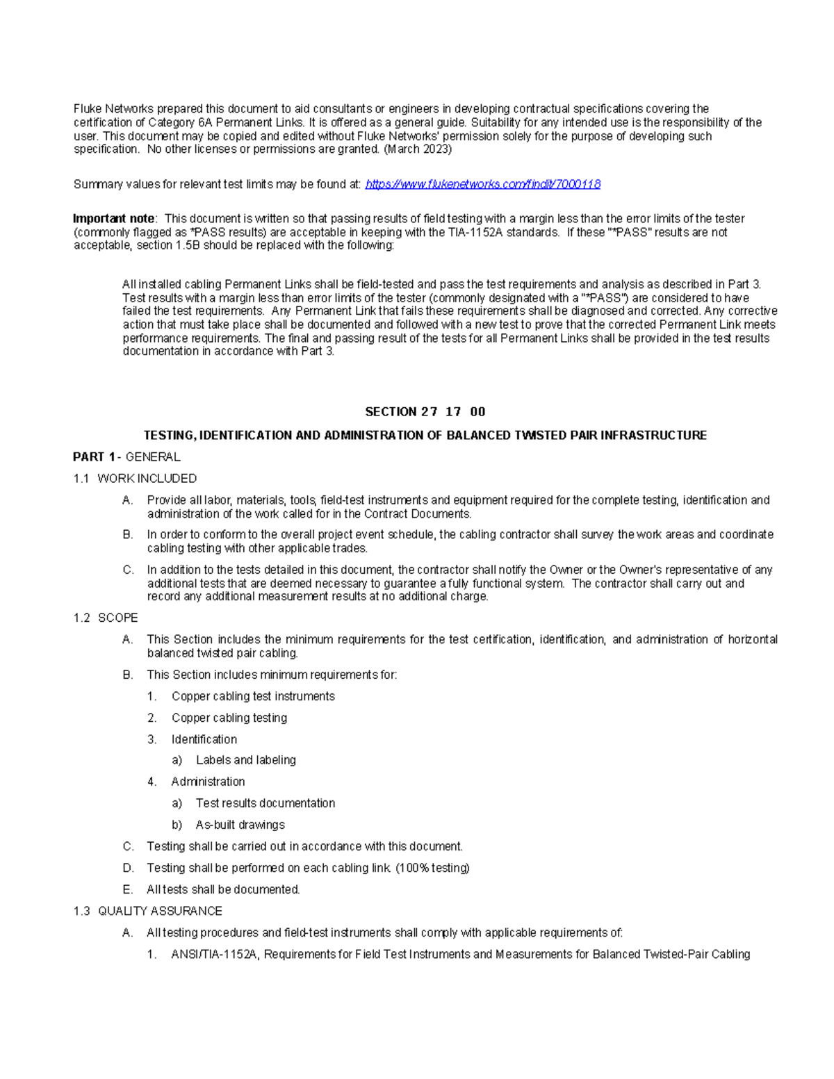 Fluke Networks Category 6A Permanent Link Testing Guide - Studocu
