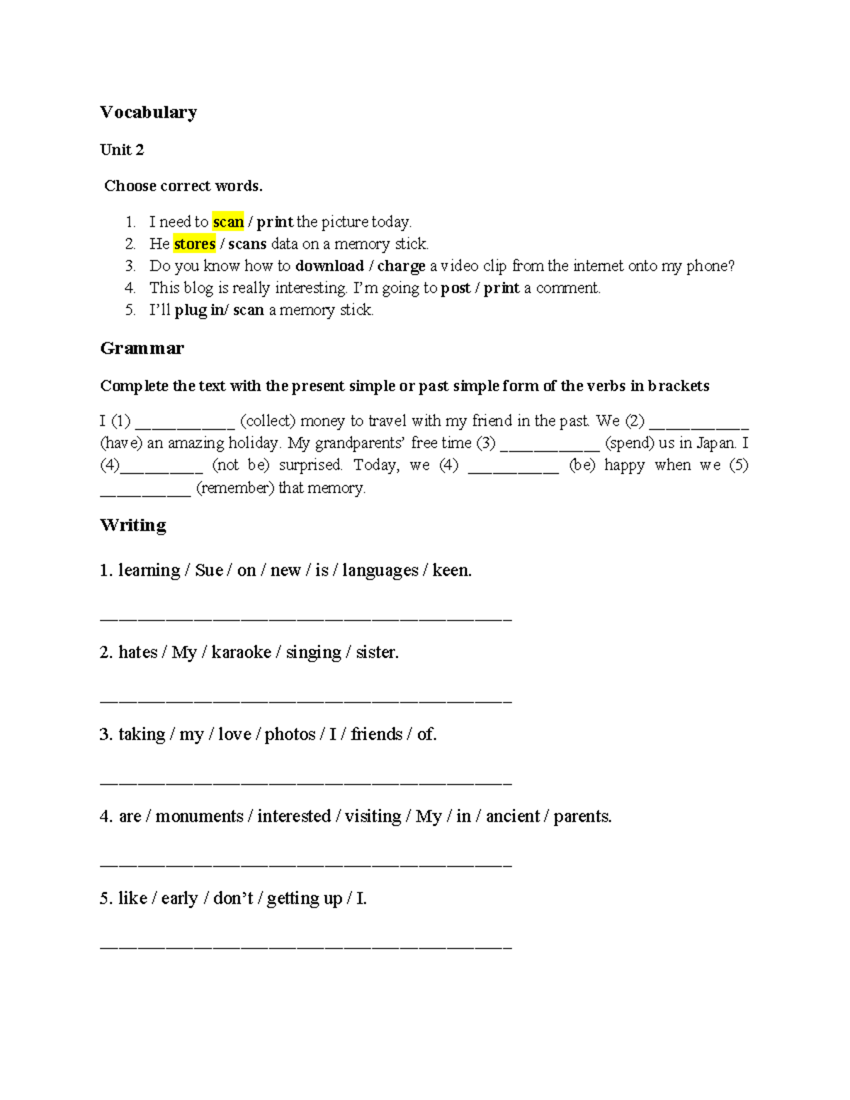 Midterm Revision: Vocabulary Unit 2 and Grammar Practice - Studocu