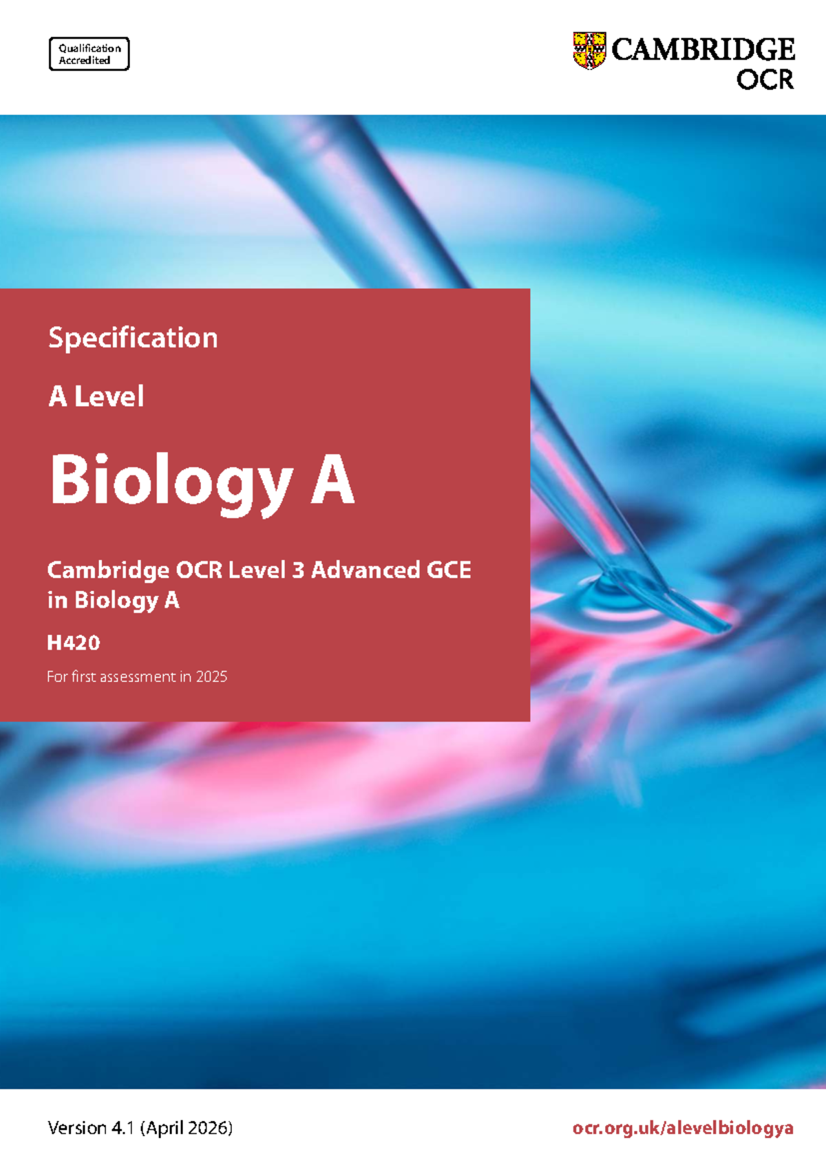 Cambridge OCR A Level Biology A Specification Overview (H420) 2026 ...
