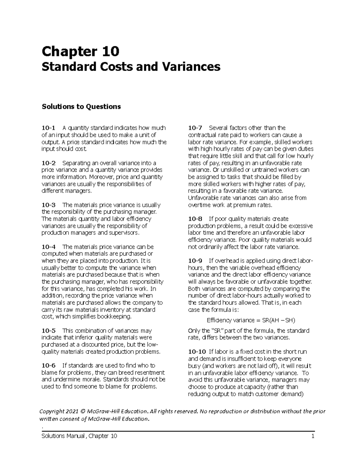 Chapter 10 - Standard Costs & Variances Analysis Solutions - Studocu