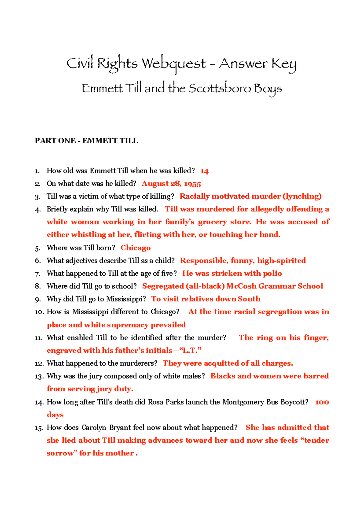 Civil Rights Webquest - Answer Key for Lesson 3: Emmett Till & Scottsboro Boys - Studocu