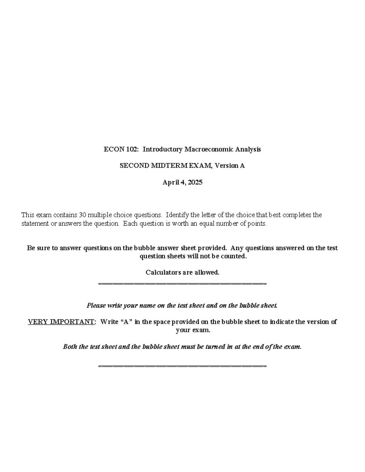 ECON 102: Midterm 2 Exam Review - Macroeconomic Analysis, Spring 2025 ...
