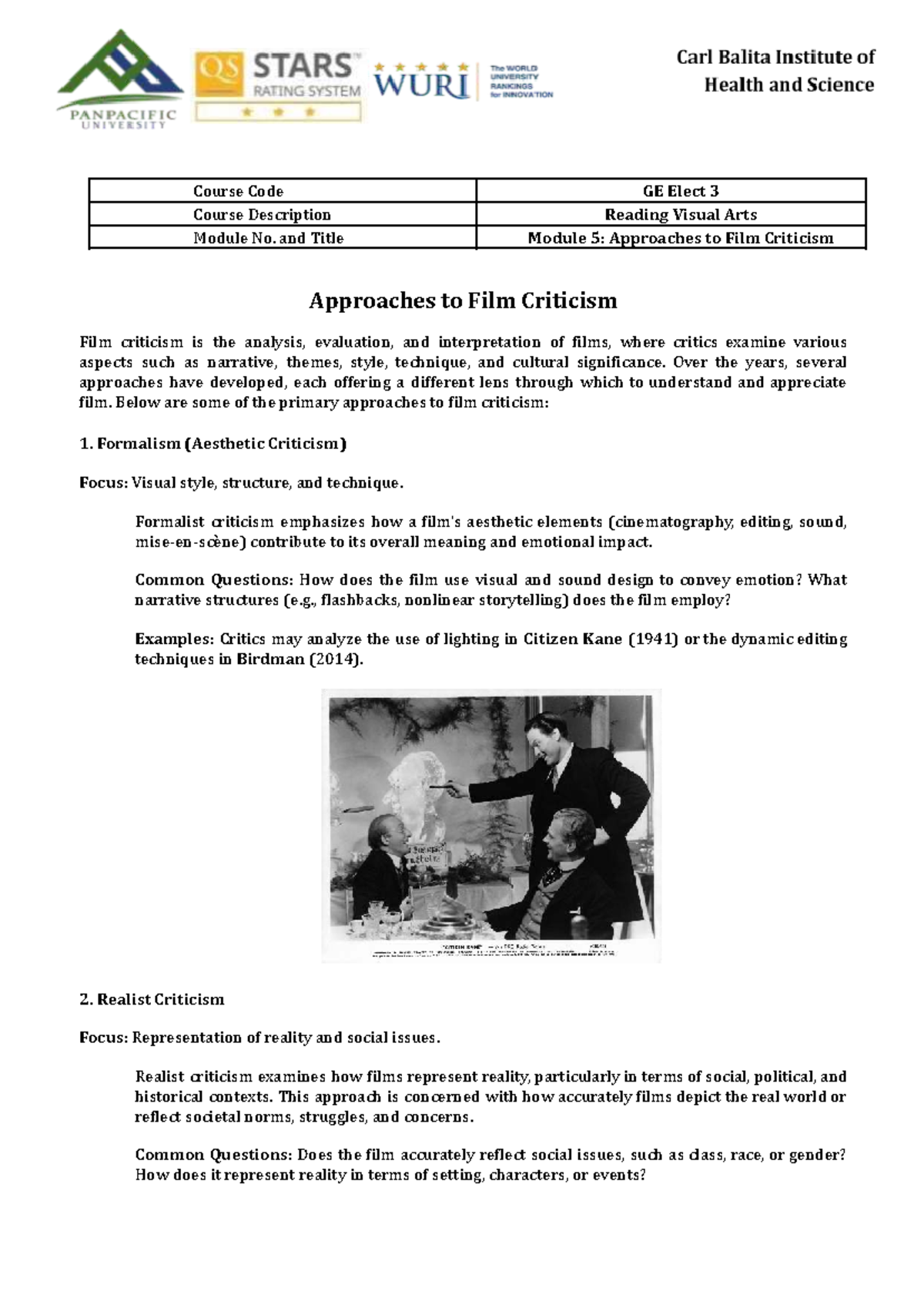 GE Elect 3 Module 5: Approaches to Film Criticism Overview - Studocu