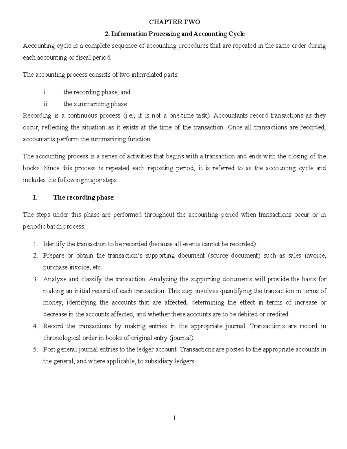 IFA Chapter 2 - CHAPTER TWO Information Processing and Accounting Cycle ...