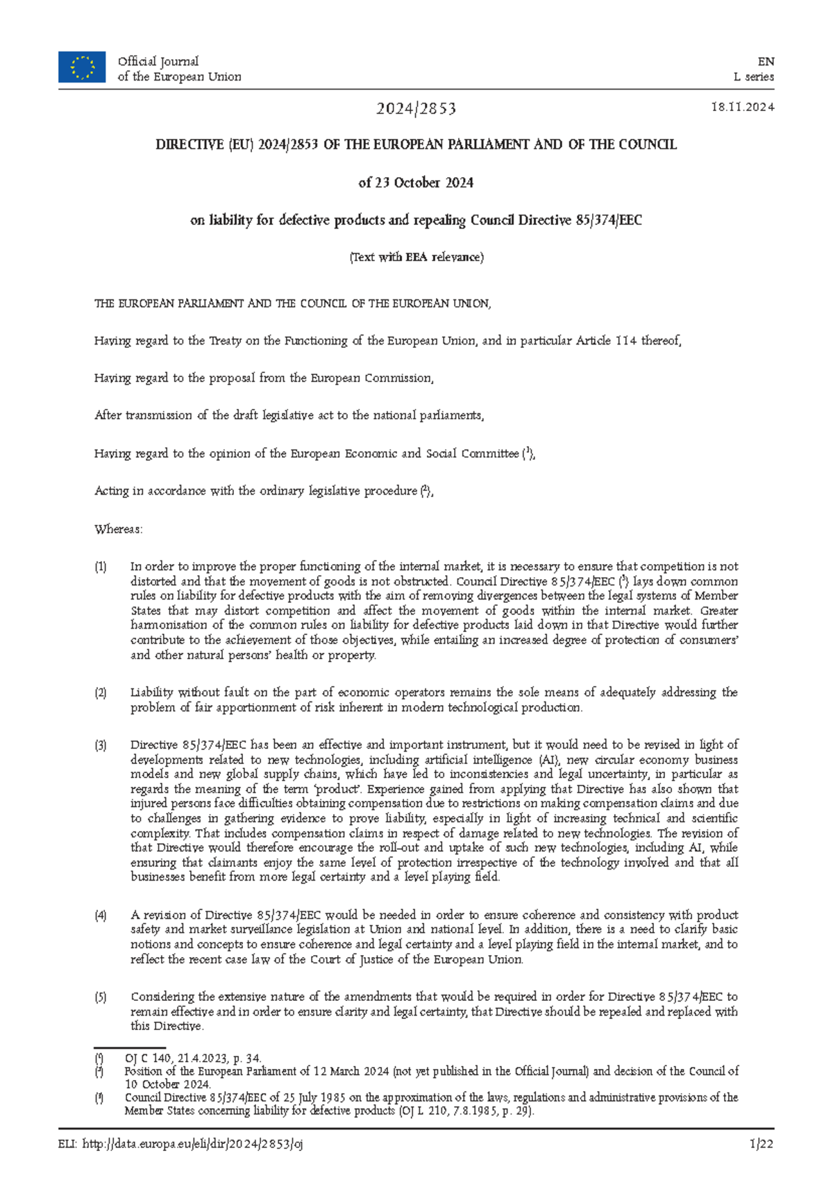 New PLD (2024) OJ L 202402853 EN: Directive on Product Liability - Studocu