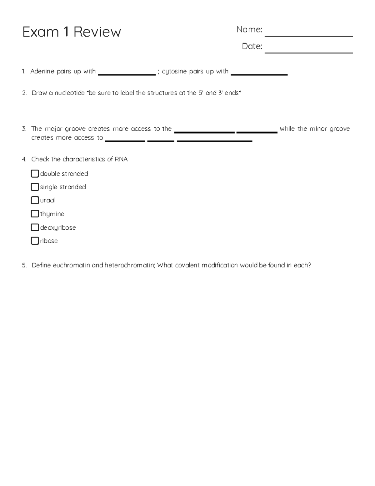 Exam 1 Review: DNA Structure, Replication & Gene Expression (BIO101 ...